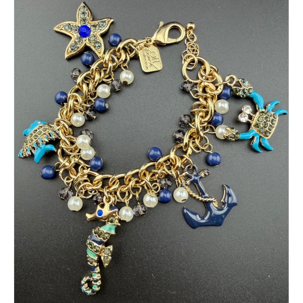 Off Park Collection Sea Life Charm Bracelet 7" Gold Blue Nautical Seahorse Fish